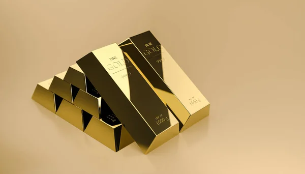Stack of gold bars on rich background of wealth from trading profits of fast growing businesses. Contracting profit in stock market and stocks of gold. Realistic 3D rendering.