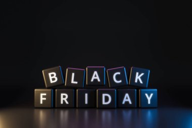 Kara Cuma zarları, şükran günü ve karanlık neon ışıklı arka planda noel konsepti. İndirim ve indirimli tatil için özel teklif. Gerçekçi 3D canlandırma.