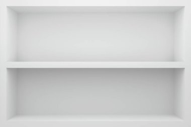 Beyaz masa vitrinindeki boş rafın ön görüntüsü ve modern minimum konseptle duvar arkaplanı. Gösterilecek arkaplan raflarının görüntüsü. Gerçekçi 3D canlandırma.