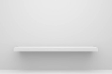 Beyaz masa ve duvar arkaplanındaki boş rafın ön görüntüsü modern asgari konseptle. Gösterilecek arkaplan raflarının görüntüsü. Gerçekçi 3D canlandırma.