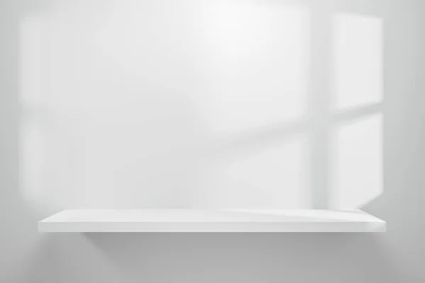 白色桌子陈列柜上的空架子的前视图和带有自然光的墙壁背景 显示背景架子以显示最小的概念 现实主义3D渲染 免版税图库图片