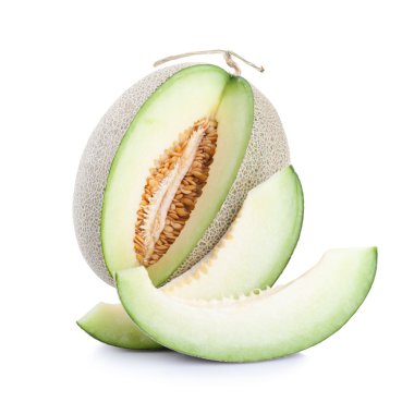 Beyaz adam izole yeşil kavun meyve