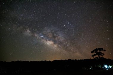 Samanyolu ve ağaç siluet bulut ile. Uzun pozlama
