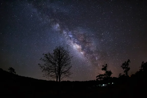 Milky Way Galaxy and Silhouette of Tree with cloud.Long exposure — Stock Photo, Image