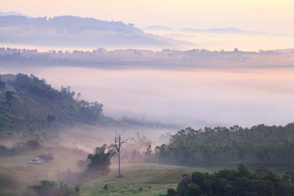 Salida del sol de la mañana brumosa en Khao Takhian Ngo View Point en Khao-kho — Foto de Stock