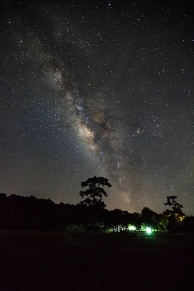 Galaxia de la Vía Láctea y silueta de árbol con nube.Larga exposición — Foto de Stock