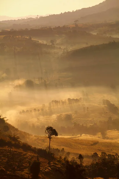 Nebliger morgendlicher Sonnenaufgang am khao takhian ngo Aussichtspunkt bei khao-kho — Stockfoto