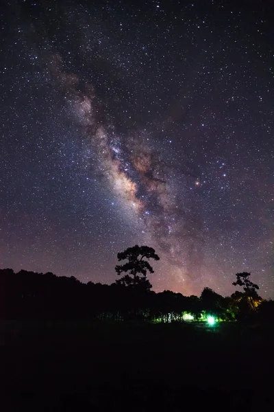 Vintergatan och silhuetten av träd med molnet. Lång exponering fotografi — Stockfoto