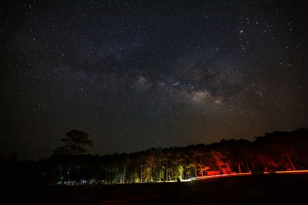 Via Láctea e silhueta de árvore com nuvem em Phu Hin Rong Kla — Fotografia de Stock