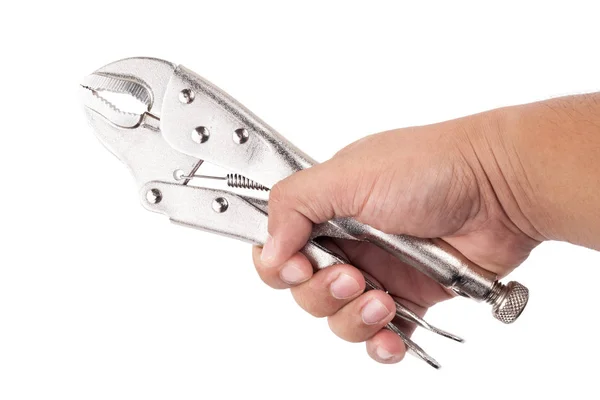 Hand som håller låsning grepp tång på vit bakgrund — Stockfoto