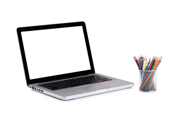 Laptop blank screen with colorful pencils — Stock Photo, Image