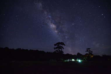 Samanyolu ve ağaç siluet bulut ile. Uzun pozlama