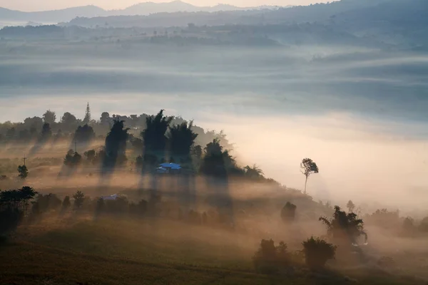 Fog in morning sunrise and road at Khao Takhian Ngo View Point a — Stock Photo, Image