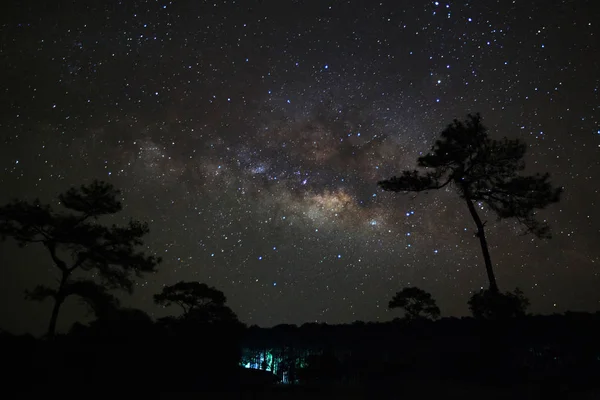 Galaxia de la Vía Láctea y silueta de árbol con nube en Phu Hin Ro — Foto de Stock