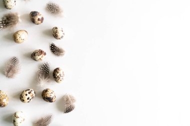 Bıldırcın yumurtası koleksiyonu, paskalya desenli. Düz yerde, üst tarafta. Paskalya konsepti.