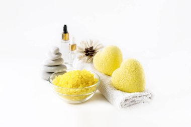 Relaxation, spa and body treatment concept. Relaxing bath products