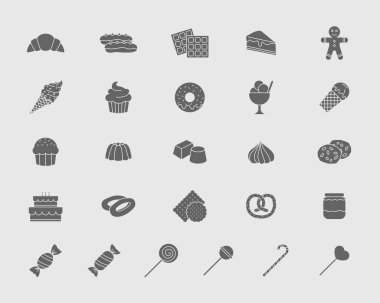 Şeker Simgeleri ayarlandı - Site veya arayüz için tatlı yiyeceklerin katı siluetleri