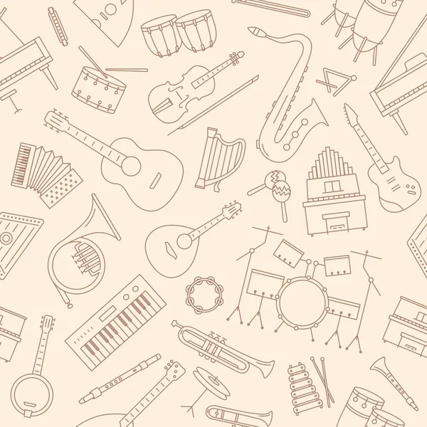Müzik enstrümanları arkaplanı - Grafik tasarımı için telin, gitarın, piyanonun, klavyenin, rüzgarın, perküsyonun, davulun kusursuz deseni