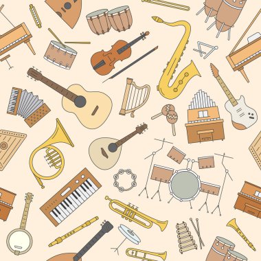 Müzik enstrümanları arkaplan - Grafik tasarımı için dizginin, gitarın, piyanonun, klavyenin, rüzgarın, perküsyonun, davulun renksiz deseni