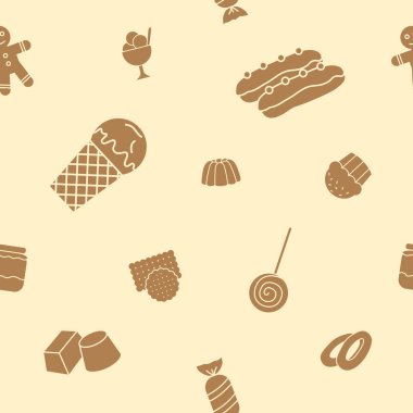 Şekerleme arkaplanı - Grafik tasarımı için vektörsüz desenli tatlı yiyeceklerin katı siluetleri