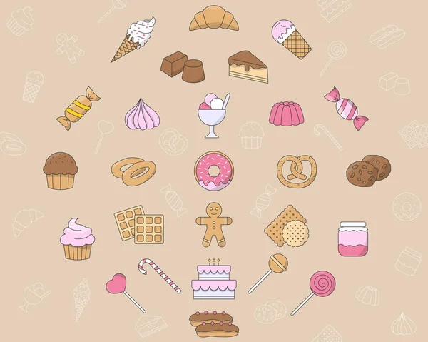 Conjunto Iconos Caramelo Símbolos Color Vectorial Contorno Alimentos Dulces Para — Archivo Imágenes Vectoriales