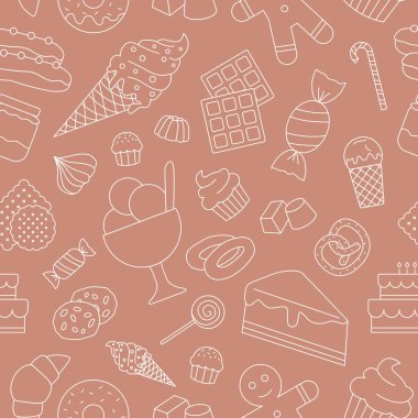 Şekerleme arkaplanı - Grafik tasarımı için tatlı yiyeceklerin vektörsüz deseni