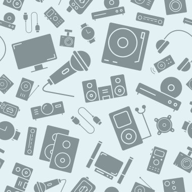 Dijital video ve ses donanımı arkaplanı - Grafik tasarımı için vektörsüz kalıp, ortam teknolojisi ve televizyonun kusursuz siluetleri