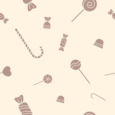 Şekerleme arkaplanı - Şekersiz vektör desenli lolipop, karamel, çikolata ve şekerin katıksız silüetleri grafik tasarım için