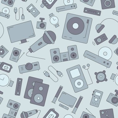 Dijital video ve ses donanımı arkaplanı - Grafik tasarımı için ortam teknolojisi ve televizyonun vektör renksiz deseni