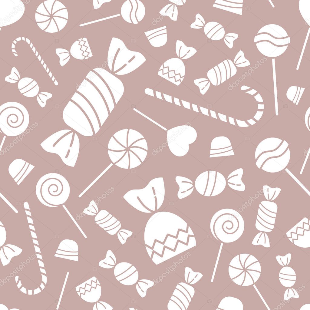 Sweet candy background - Vector seamless pattern solid silhouettes of lollipop, caramel, chocolate and sugar for graphic design