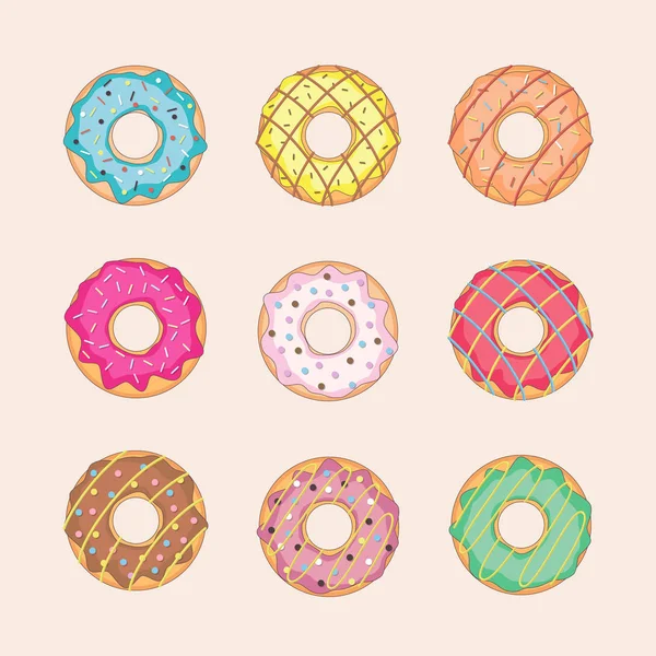 Conjunto Iconos Rosquillas Dulces Símbolos Color Vectorial Postres Pasteles Sabrosos — Archivo Imágenes Vectoriales