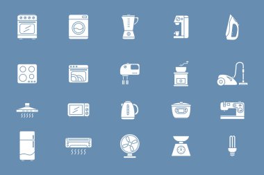 Ev gereçleri simgeleri ayarlandı - site veya arayüz için ev ve mutfak makinelerinin katı siluetlerini taşıyıcı