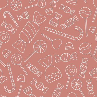 Tatlı şeker arkaplanı - Grafik tasarımı için lolipop, karamel, çikolata ve şekerin vektörsüz deseni