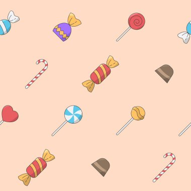 Tatlı şeker arkaplanı - Grafik tasarımı için lolipop, karamel, çikolata ve şekerin vektör renksiz deseni
