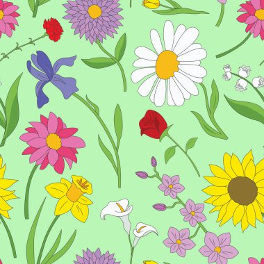 Çiçek arkaplanı - Gül, lale, papatya, karanfil, süsen çiçeği, kalay, orkide, narsis, ayçiçeği, kasımpatı ve grafik tasarım için astranın renksiz deseni