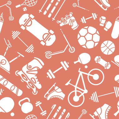 Spor ve fitness arka planı - vektörsüz siluetler bisiklet, top, kayak, snowboard, patenler, scooter, kaykay vs. grafik tasarımı için