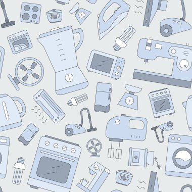 Ev aletleri arka planı - Grafik tasarımı için ev ve mutfak makinelerinin vektör rengi pürüzsüz deseni