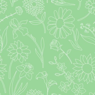 Çiçek arkaplanı - Gül, lale, papatya, karanfil, süsen çiçeği, kallai, orkide, narsisis, ayçiçeği, kasımpatı ve grafik tasarım için astra 'nın vektörsüz deseni