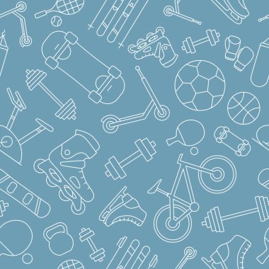 Spor ve fitness arka planı - Bisiklet, top, kayak, snowboard, patenler, scooter, kaykay vs. grafik tasarımı için