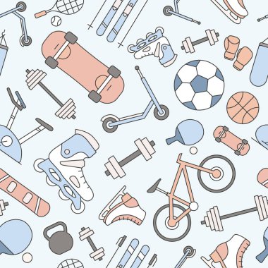 Spor ve fitness arka planı - Bisiklet, top, kayak, snowboard, patenler, scooter, kaykay vb. renklerinin vektör deseni. grafik tasarımı için