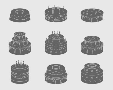 Pasta simgeleri ayarlandı - Tatlı tatlı, pasta, çikolata ve kekin katıksız siluetleri site veya arayüz için