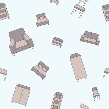 Mobilya arkaplanı - Grafik tasarımı için kanepe, sandalye, masa, yatak, koltuk ve dolabın renksiz vektör deseni