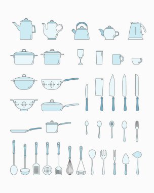 Mutfak gereçleri simgeleri seti - Bıçak, tabak, kaşık, çatal, fincan, çaydanlık, tencere, kupa ve arayüz arayüzü için vektör renk sembolleri