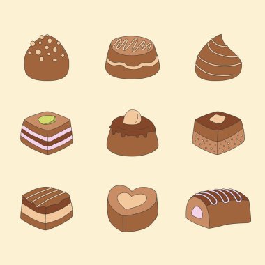 Tatlı çikolata simgeleri seti - Tatlı, şeker, yer mantarı ve arayüz için vektör renk sembolleri
