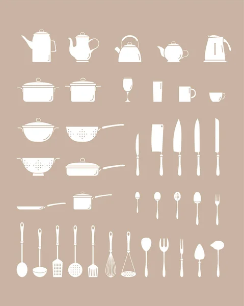 Kitchen Dinnerware Icons Set Vector Solid Silhouettes Knife Plate Spoon — Stock Vector