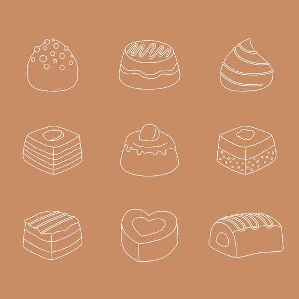 Conjunto Iconos Chocolate Dulce Vector Esbozar Símbolos Postre Caramelo Trufa — Archivo Imágenes Vectoriales