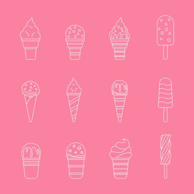 Dondurma Simgeleri seti - Web sitesi veya arayüz için soğuk tatlı sembollerinin vektör ana hatları