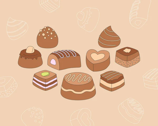 Ensemble Icônes Chocolat Sucré Symboles Couleur Vectorielle Contour Dessert Des — Image vectorielle