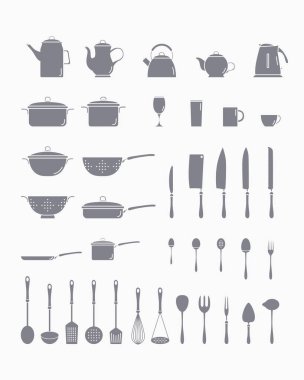 Kitchen dinnerware Icons set - Vector solid silhouettes of knife, plate, spoon, fork, cup, kettle, saucepan, mug and ladle for the site or interface