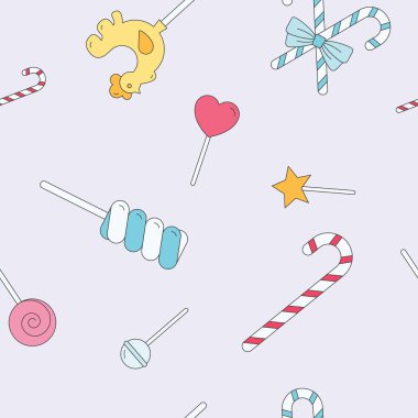 Lolipop arkaplanı - Şekerleme, karamel, tatlı atıştırmalık ve grafik tasarım için diğer tatlıların vektör renksiz deseni